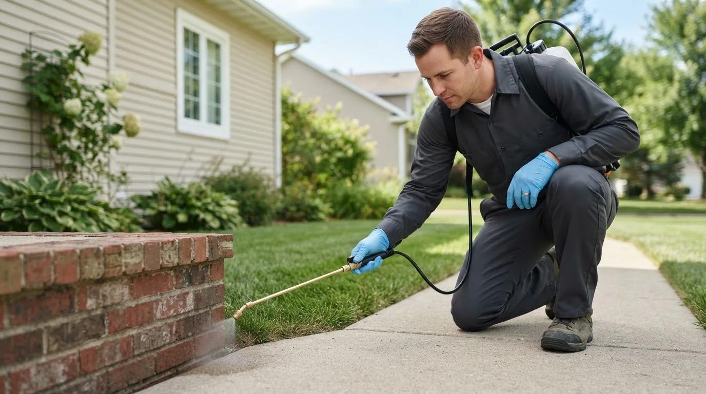 Pest control technician treating a home near Sharpsburg, IA
