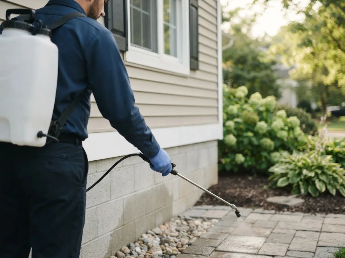 Pest control technician inspecting a home in Sharpsburg, IA